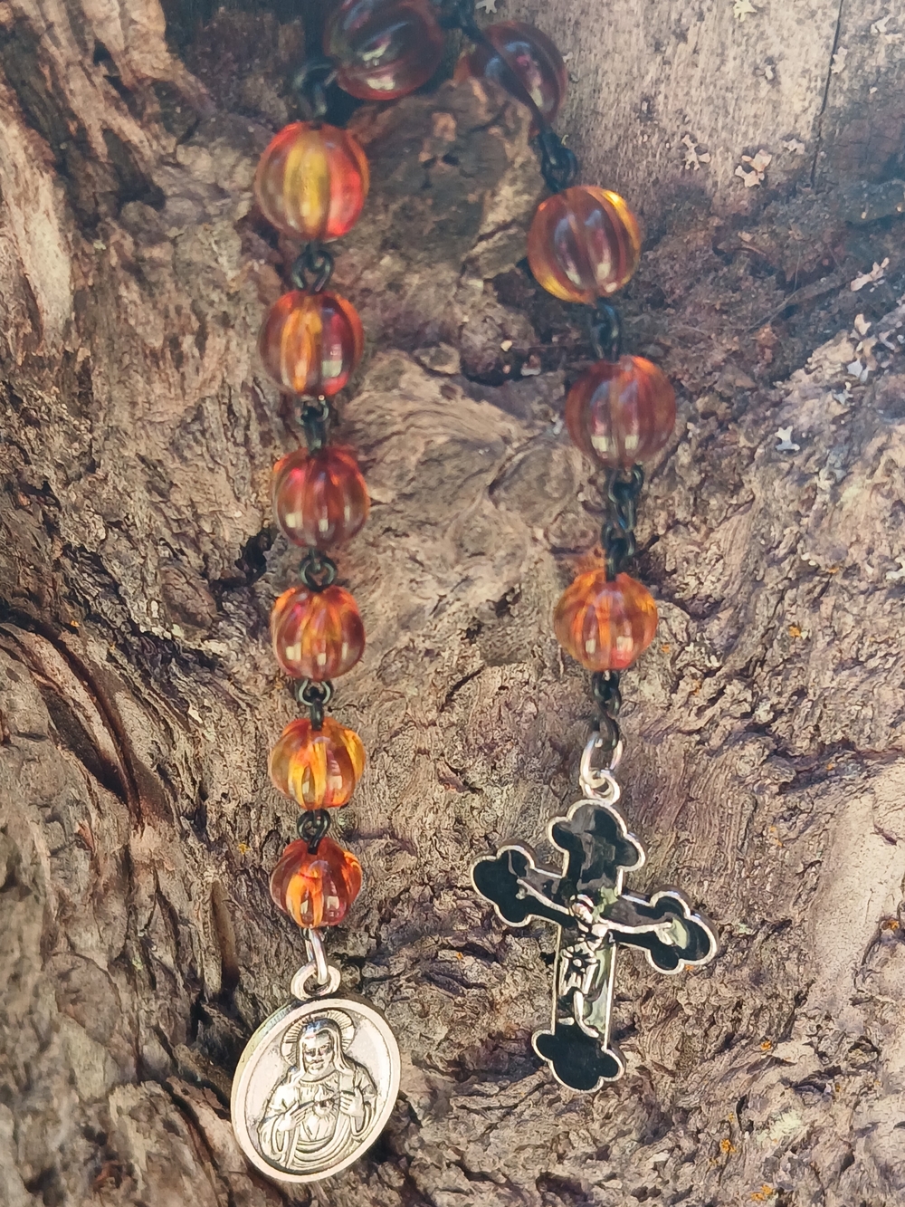 Handmade One-Decade Pocket Rosary Chaplet - Amber Orange Glass Beads